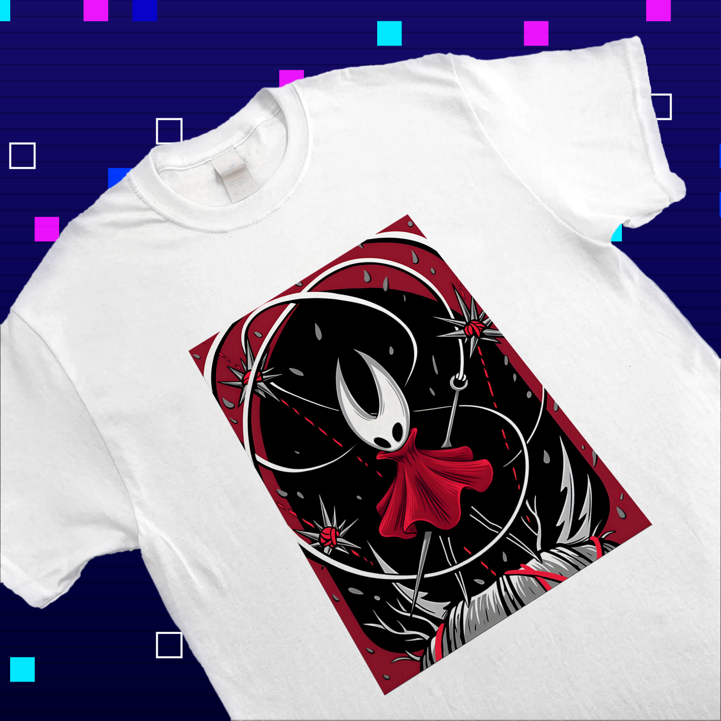 Close-up of the high-quality print on the Hollow Knight shirt, highlighting the intricate details of Hornet's 'Deadly Hunter' design