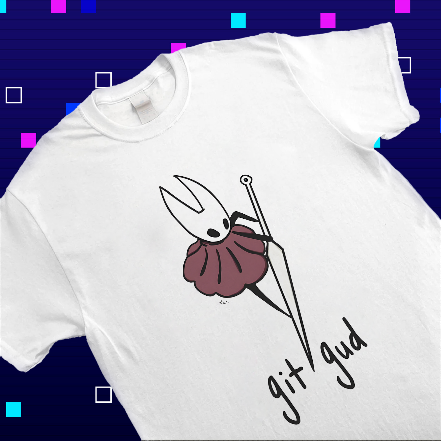 Close-up of the high-quality print on the Hollow Knight shirt, highlighting the font and details of the 'Git Gud' text