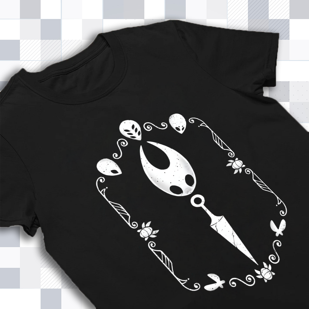 Close-up of the high-quality print on the Hollow Knight shirt, highlighting the intricate details of Hornet's needle kit