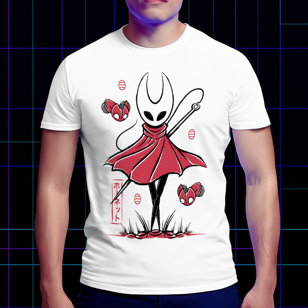Person wearing the Hollow Knight shirt with the Hornet princess-protector design, showing the front view and fit
