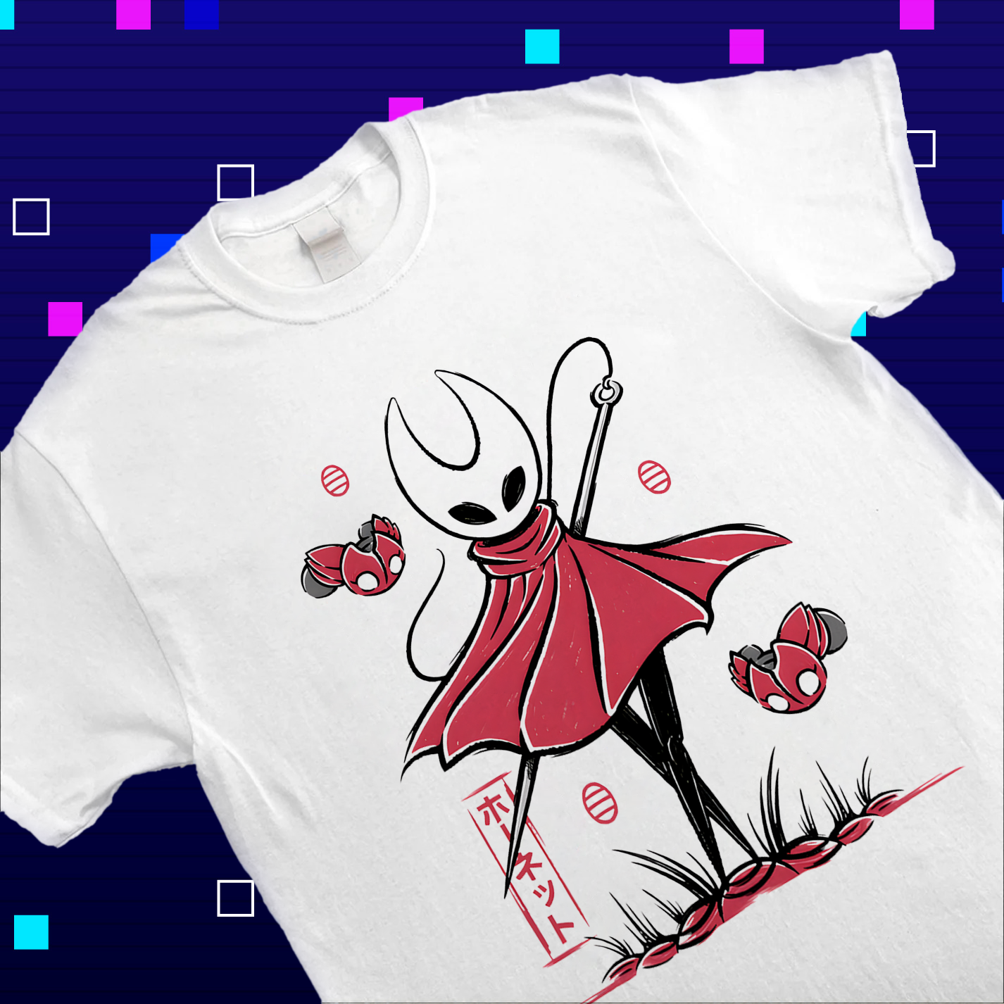 Close-up of the high-quality print on the Hollow Knight shirt, highlighting the intricate details of Hornet's regal and battle-ready design