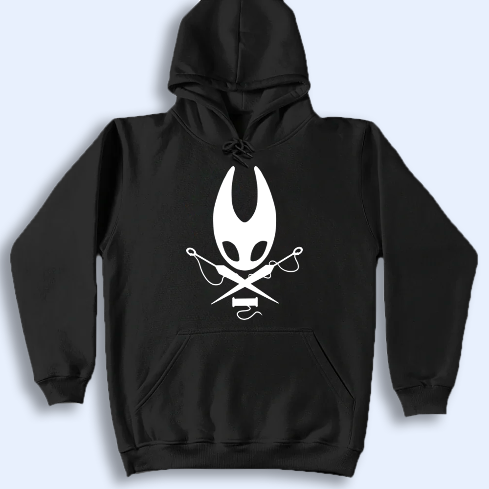 Black hoodie with a white Hornet design on a light gray background