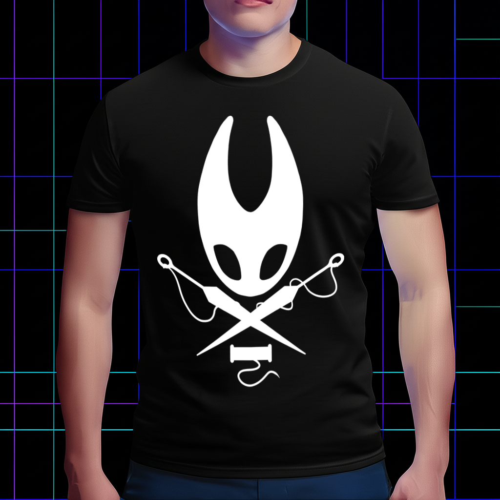 Person wearing the Hollow Knight shirt with The Hornet's protector design, showing the front view and fit