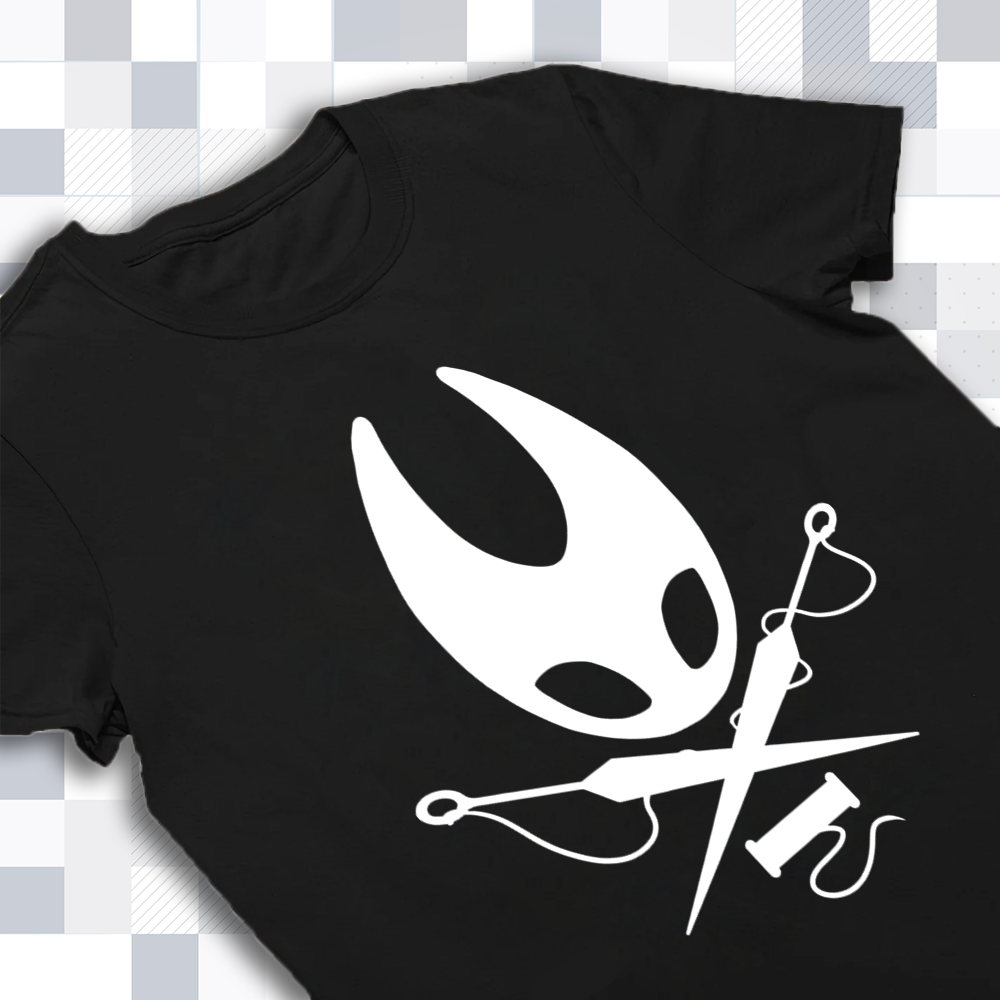 Close-up of the high-quality print of Hornet on the Hollow Knight shirt, highlighting the fabric and graphic quality