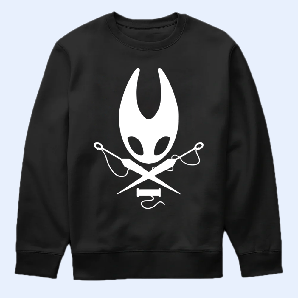 Black sweatshirt with a white Hornet head and crossed swords design on a light blue background