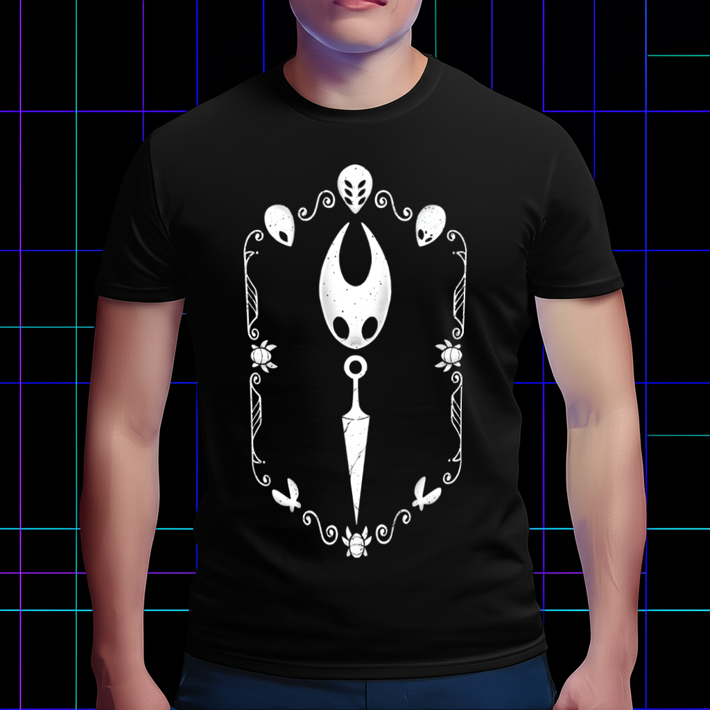 Person wearing the Hollow Knight shirt with Hornet's silhouette and needle kit design, showing the front view and fit