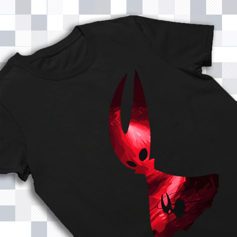 Close-up of the high-quality print on the Hollow Knight shirt, highlighting the clean lines of Hornet's silhouette