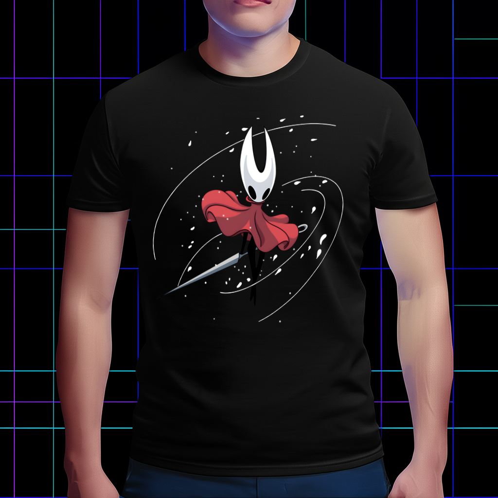 Person wearing the Hollow Knight shirt with the Hornet 'Silk Dance' design, showing the front view and fit.