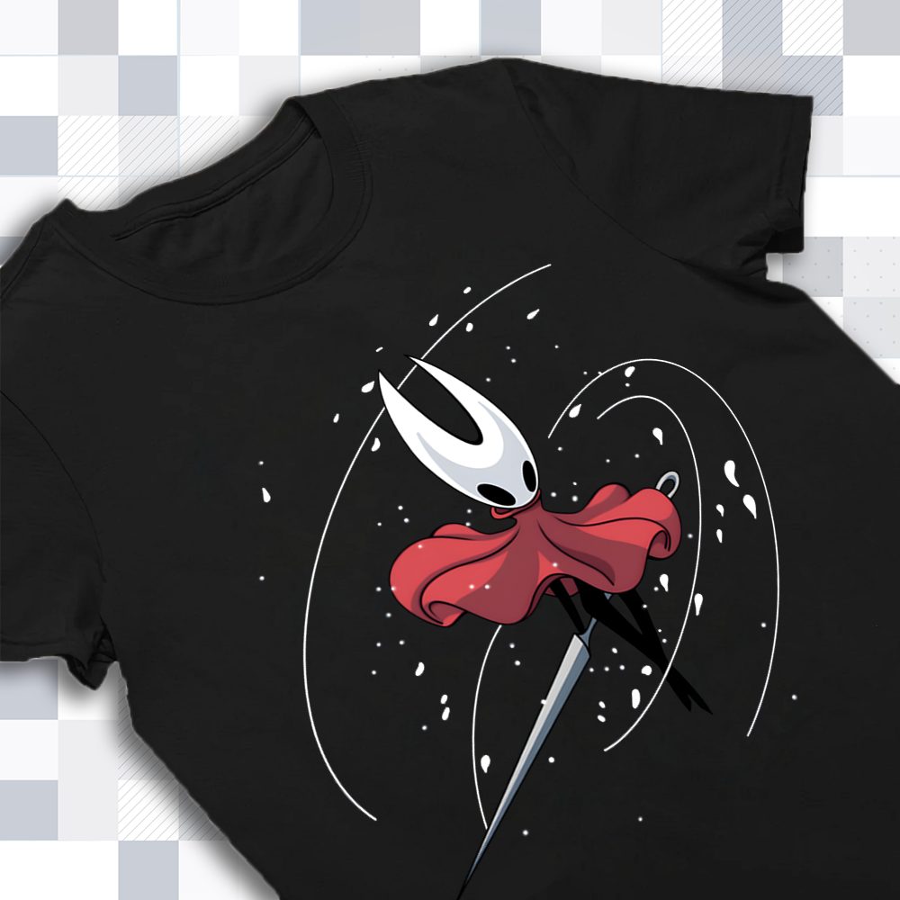 Close-up of the high-quality print on the Hollow Knight shirt, highlighting the intricate details of Hornet's 'Silk Dance' design