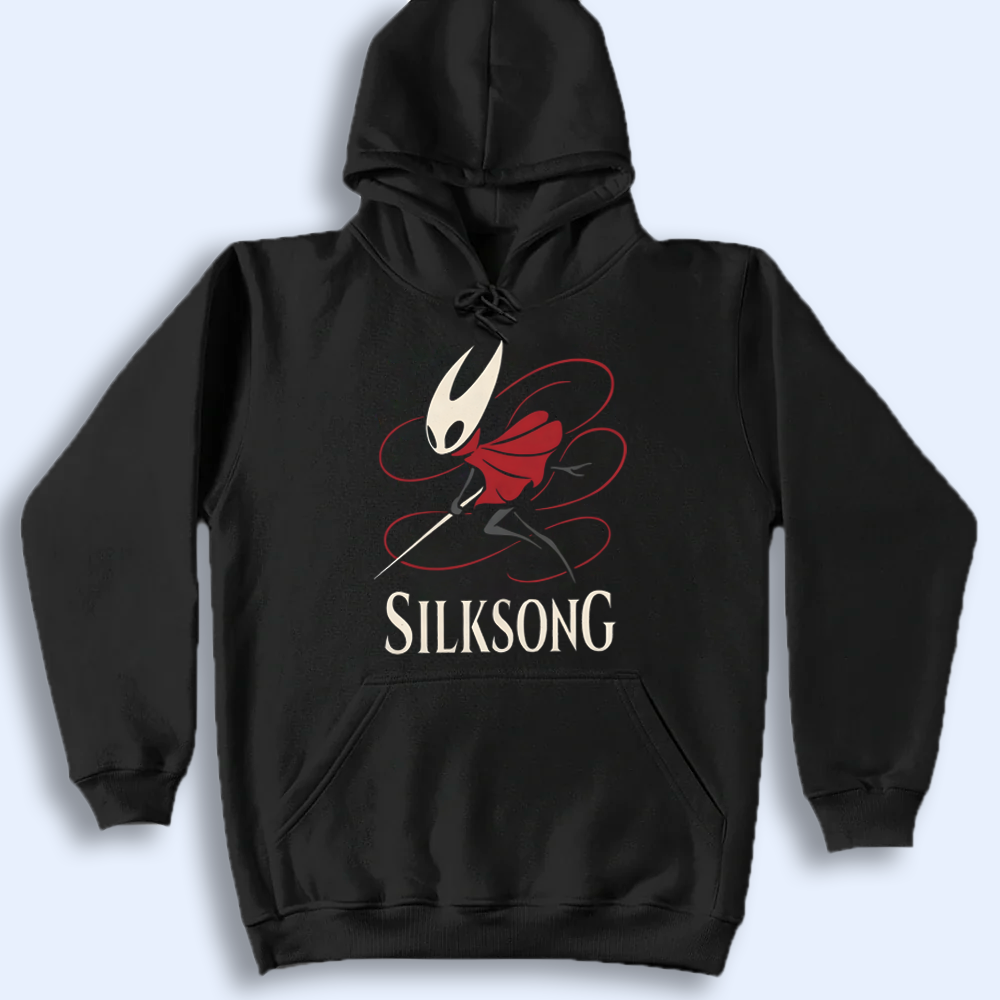 Black hoodie with 'Silksong' design on a light gray background