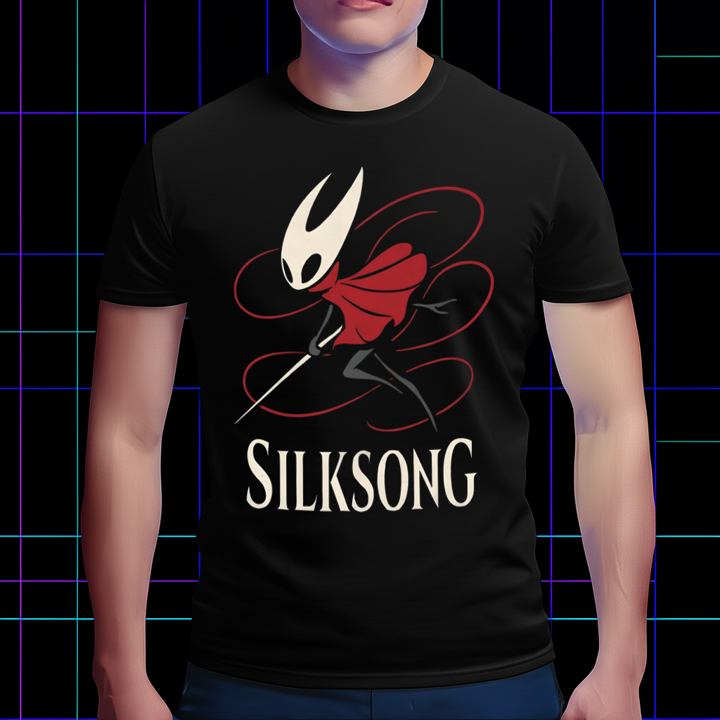 Person wearing the Hollow Knight shirt with the Hornet and 'Silksong' design, showing the front view and fit