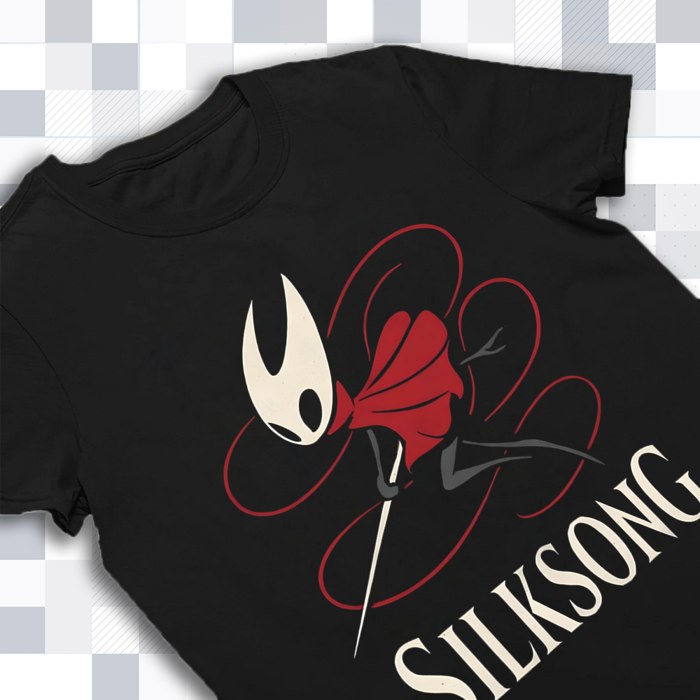Close-up of the high-quality print of Hornet and the 'Silksong' text on the Hollow Knight shirt, highlighting the graphic detail