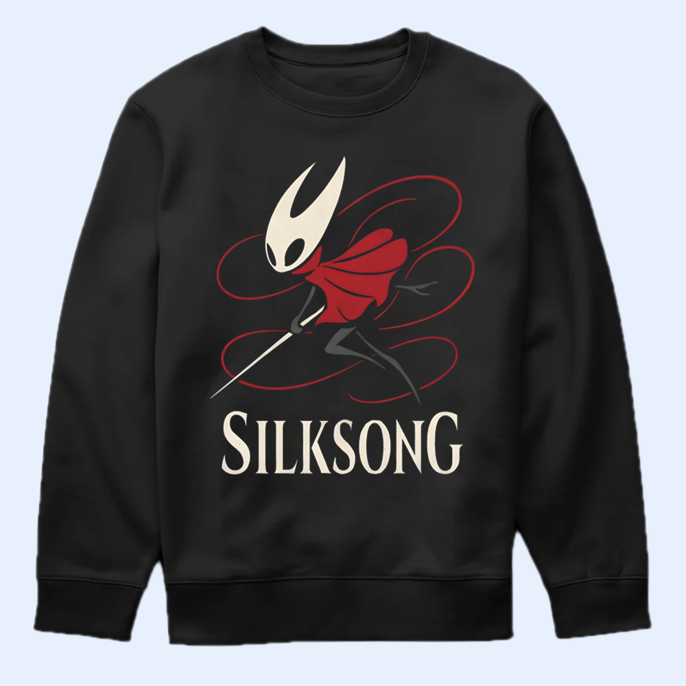 Black sweatshirt with 'SilkSong' design featuring a white and red logo on a light blue background
