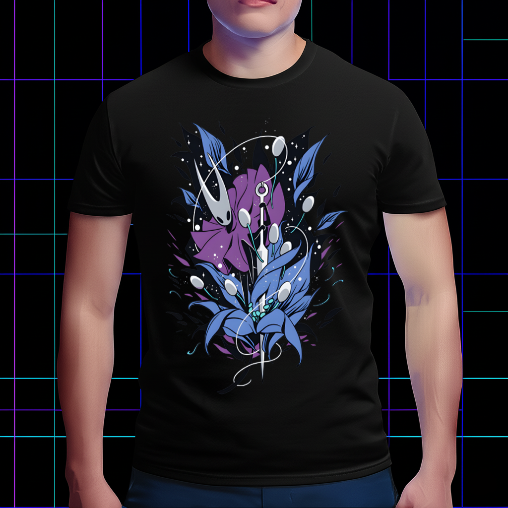 Person wearing the Hollow Knight shirt with Hornet's Sting design, showing the front view and fit