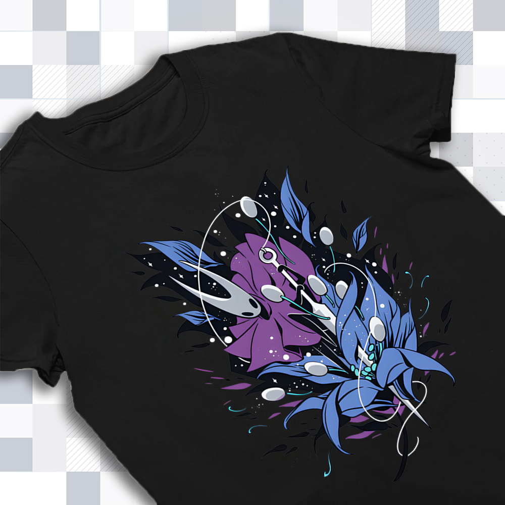 Close-up of the high-quality print of Hornet's Sting on the Hollow Knight shirt, highlighting the graphic and needle details