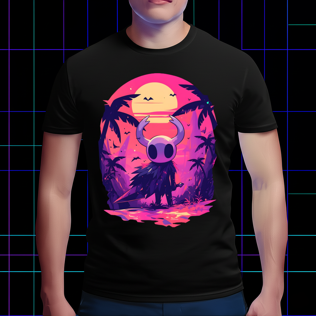 Person wearing the Hollow Knight shirt, showing The Knight and the epic Hallownest background design from the fron