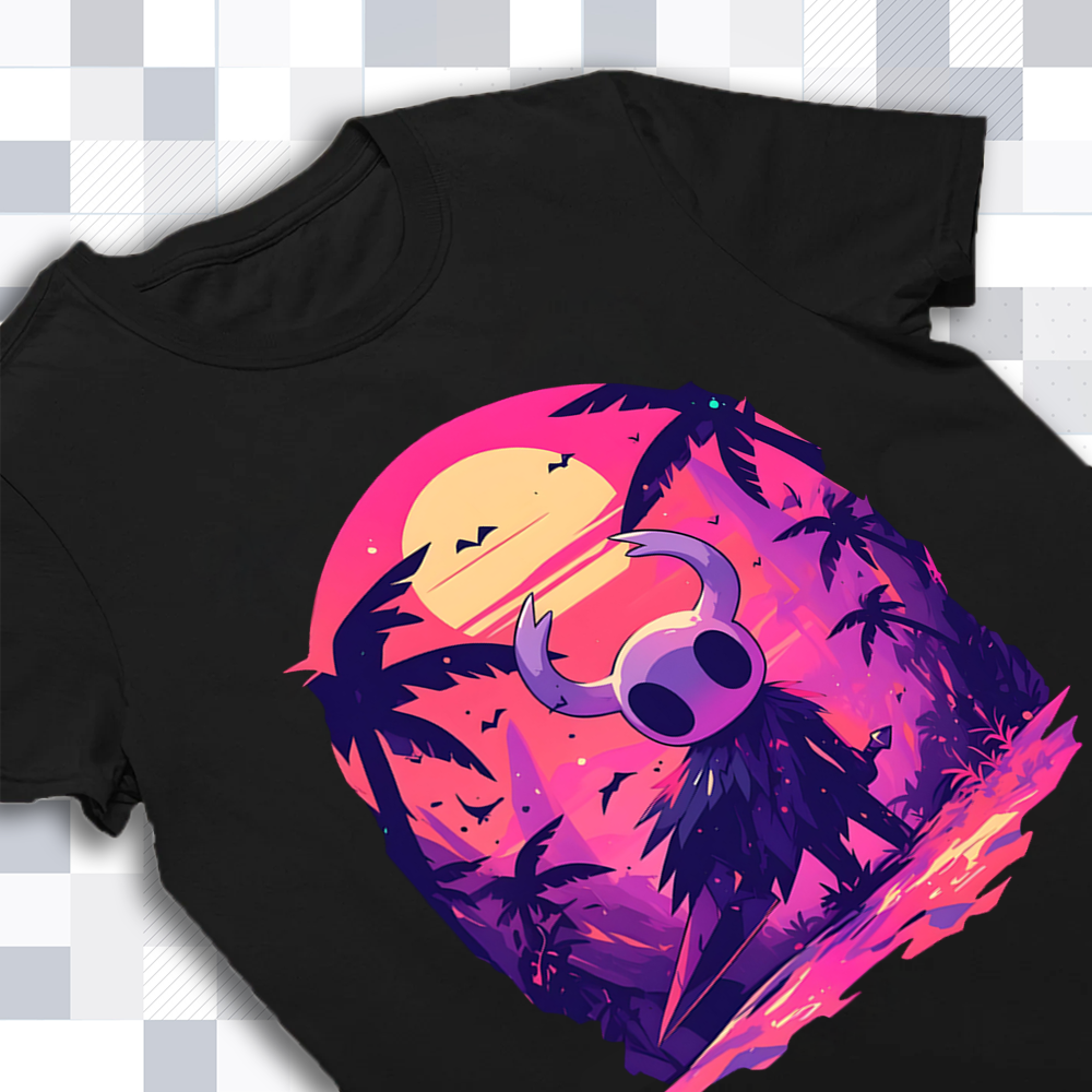 Close-up of the detailed print on the Hollow Knight shirt, showcasing The Knight and the intricate epic Hallownest background