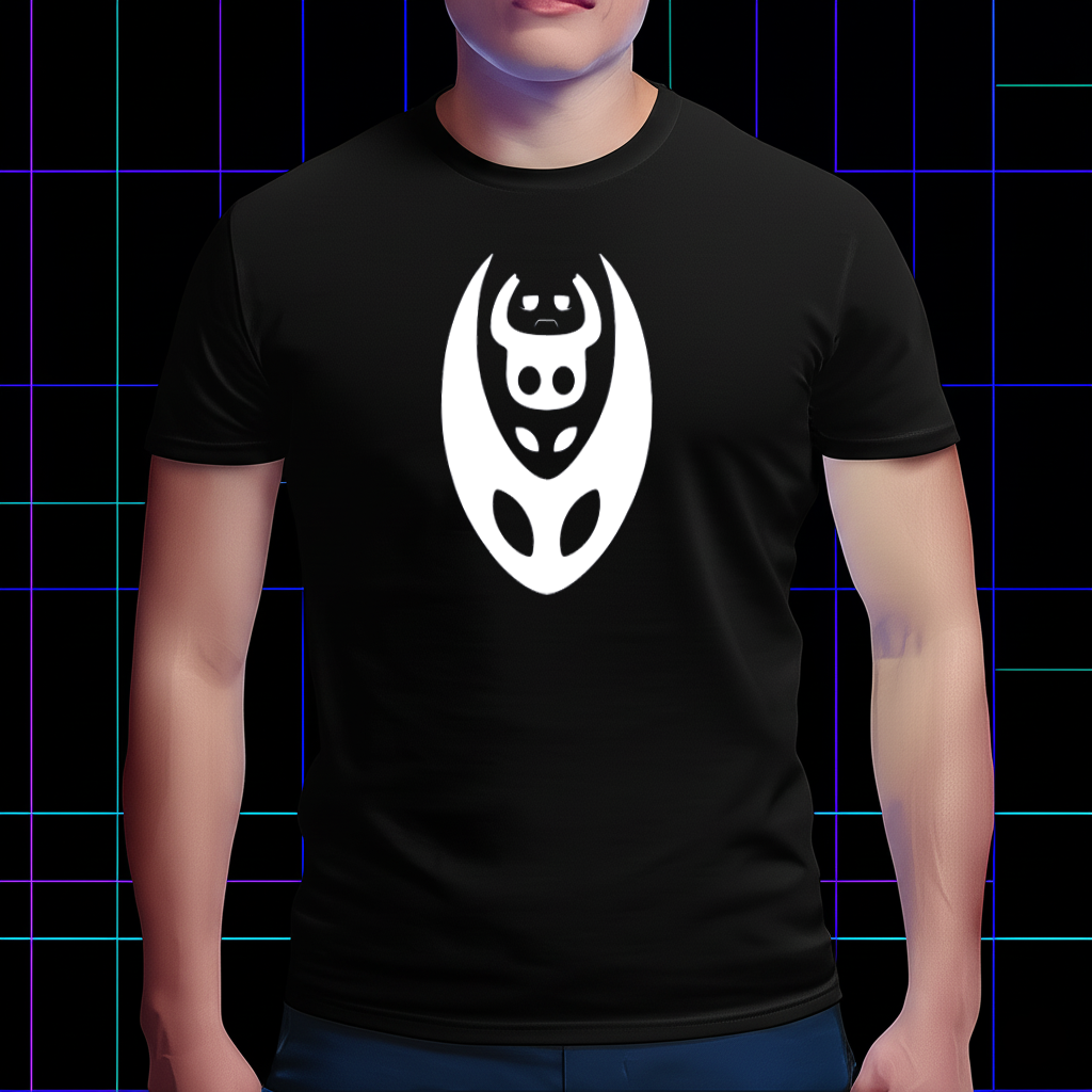 Person wearing the Hollow Knight shirt with the Knight and Hornet silhouette design, showing the front view and fit