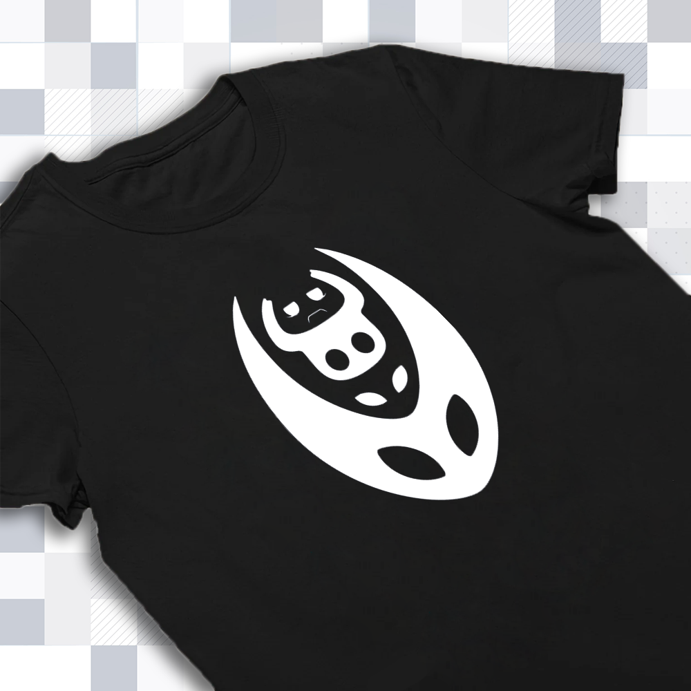 Close-up of the high-quality print on the Hollow Knight shirt, highlighting the clean lines of the combined Knight and Hornet silhouettes