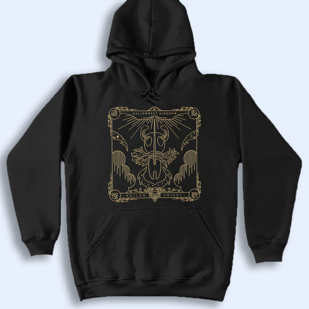 Black hoodie with Hollow Knight design on a light gray background
