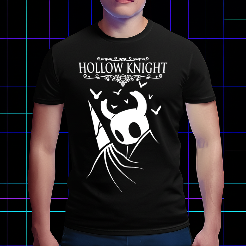 Front view of a person wearing the Hollow Knight shirt with The Knight character design, showcasing the fit