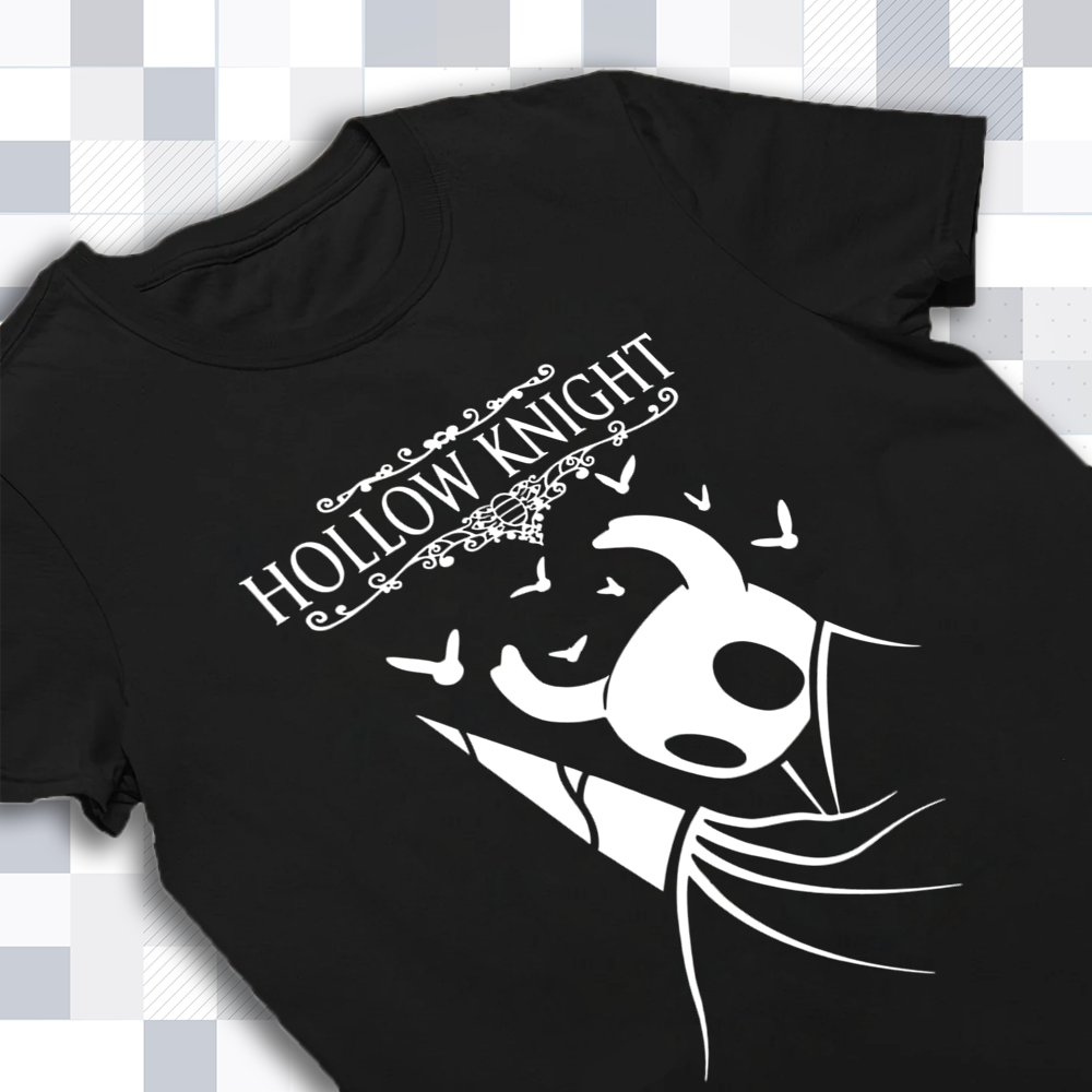 Close-up detail of the high-quality print of The Knight on the Hollow Knight shirt, showcasing fabric texture