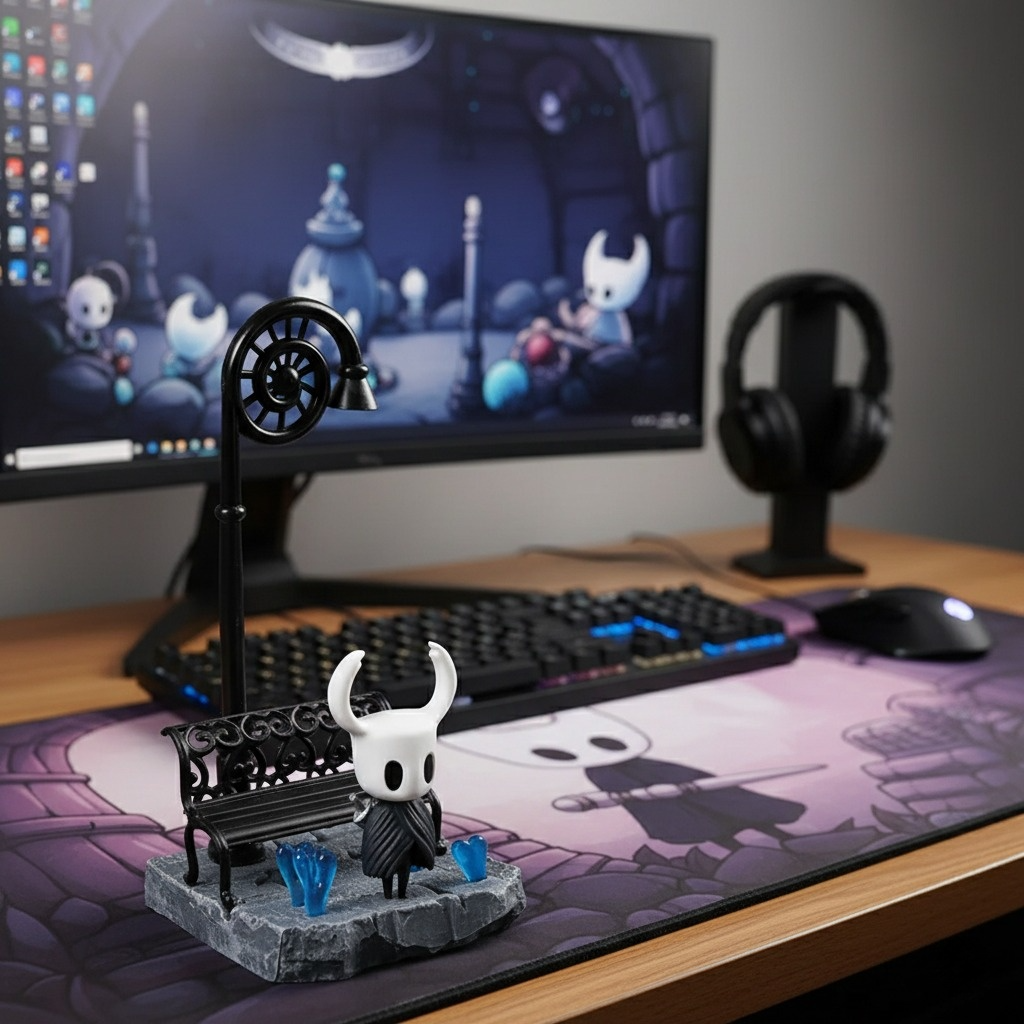 The Hollow Knight Street Lamp Figure displayed on a desktop with low light, emphasizing the collectible's iconic glow and mood.