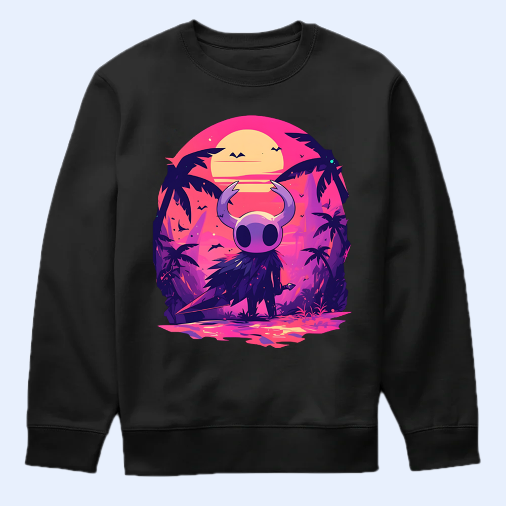 Black sweatshirt with a colorful graphic Hollow Knight Design on a light blue background