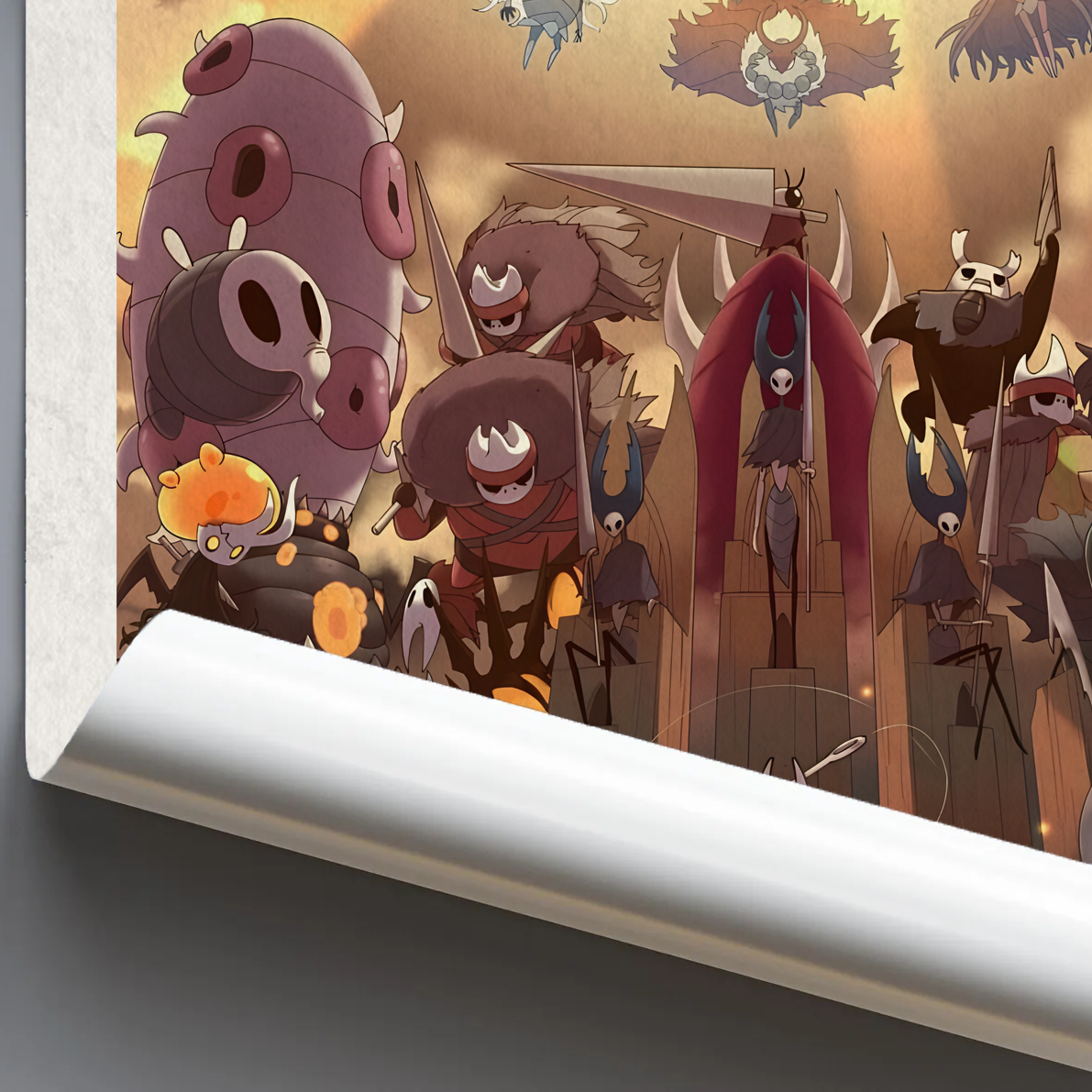 Close-up detail of the Hollow Knight Wall Art print quality, highlighting the artistic texture and sharp details of the fan art