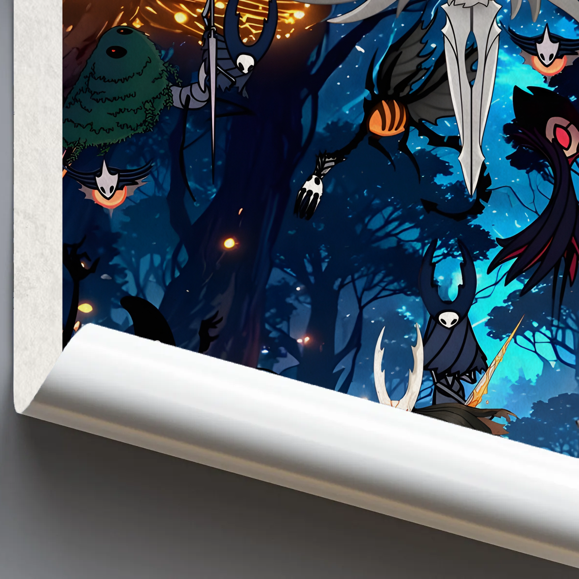 Close-up detail of the Hollow Knight Wall Art print quality, highlighting the deep colors and texture of the atmospheric fan art.