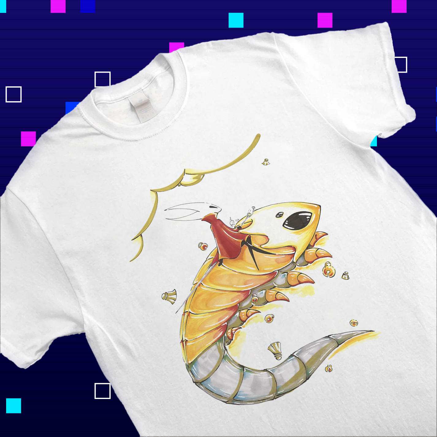 Close-up of the Silksong Tee print detail, focusing on the dynamic tension between Hornet and the Bell Beas