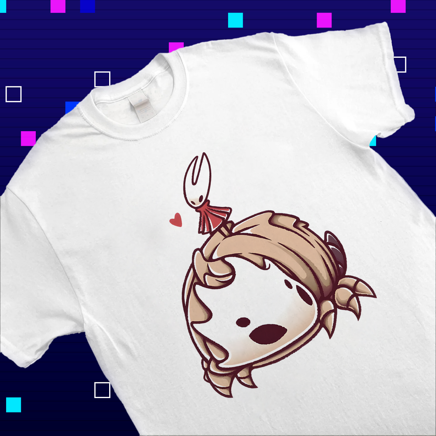 Close-up of the print detail on the Silksong Tee, highlighting the design of Hornet's needle and the Bell Beast's grin