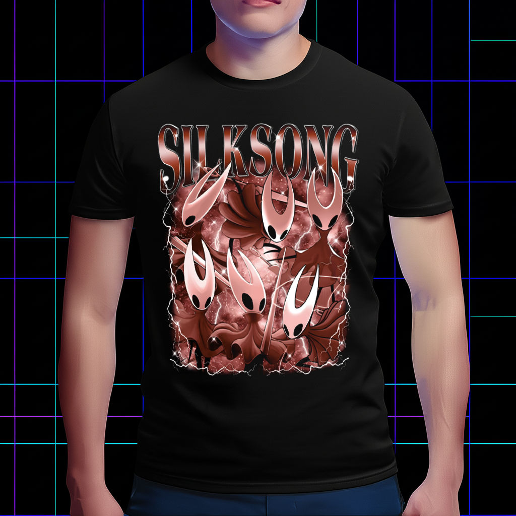 Model wearing the Hornet shirt showing the unique fan art style, highlighting the comfortable fit of the Silksong Tee