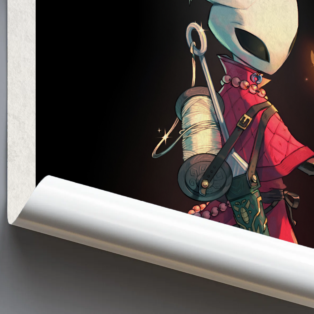 Close-up detail of the Silksong Poster print quality, highlighting the artistic style and vibrant colors of the Hornet Wall Art