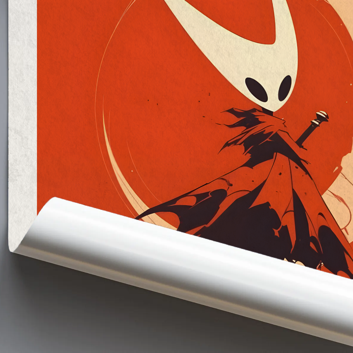 Close-up detail of the Silksong Poster print quality, highlighting the texture and vibrant colors of the Hornet Wall Art.