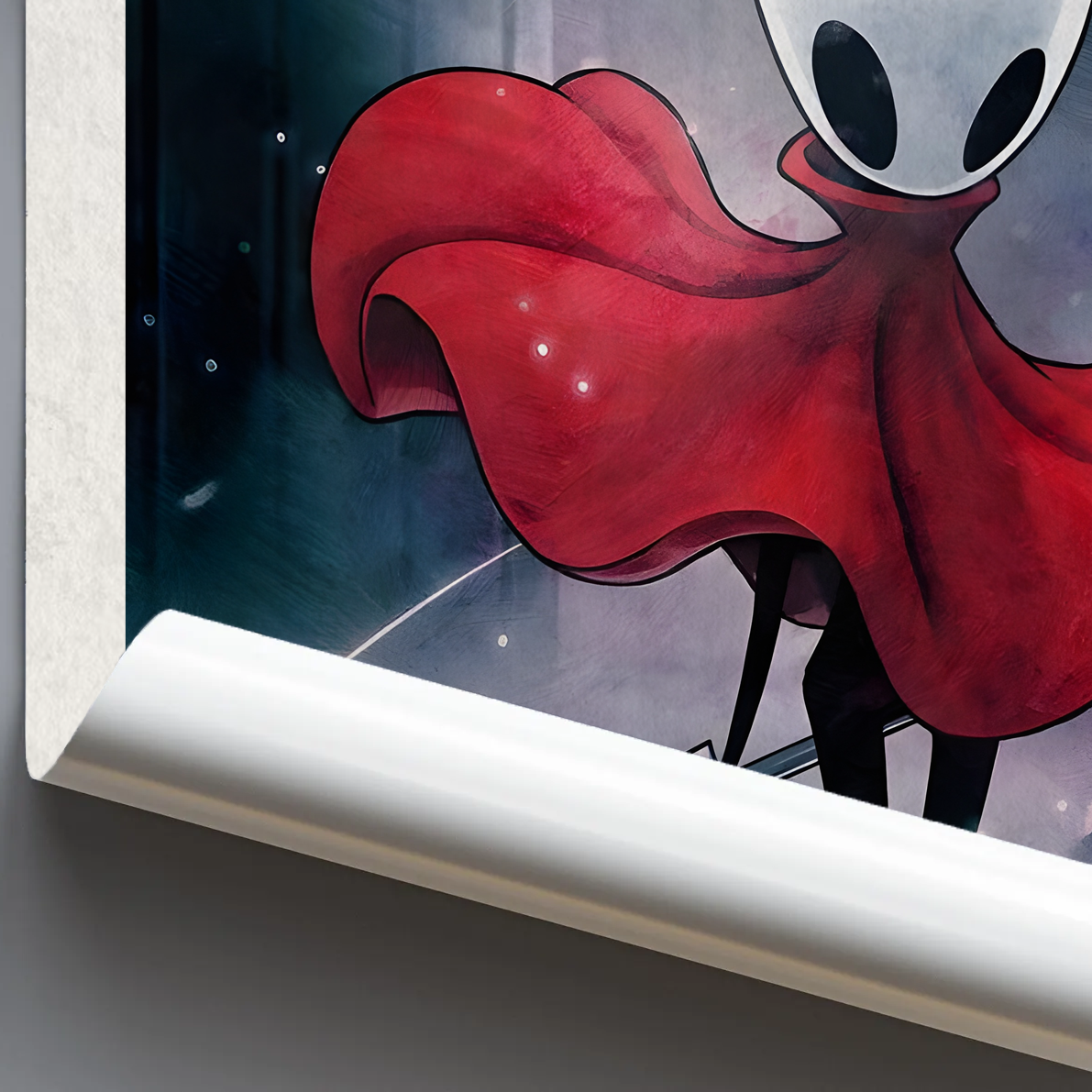 Close-up detail of the Silksong Poster print quality, highlighting the artistic style and sharp colors of the Hornet Wall Art