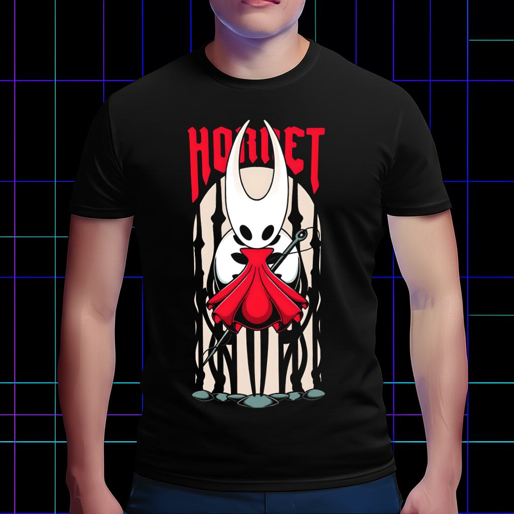 Hornet in her sentinel pose on a black shirt mockup.