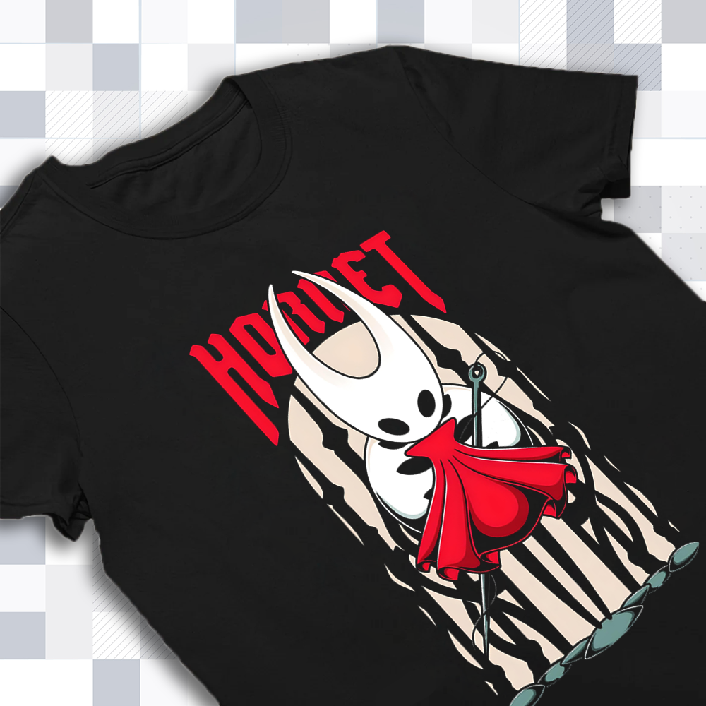 Hornet in her sentinel pose on a black shirt mockup.