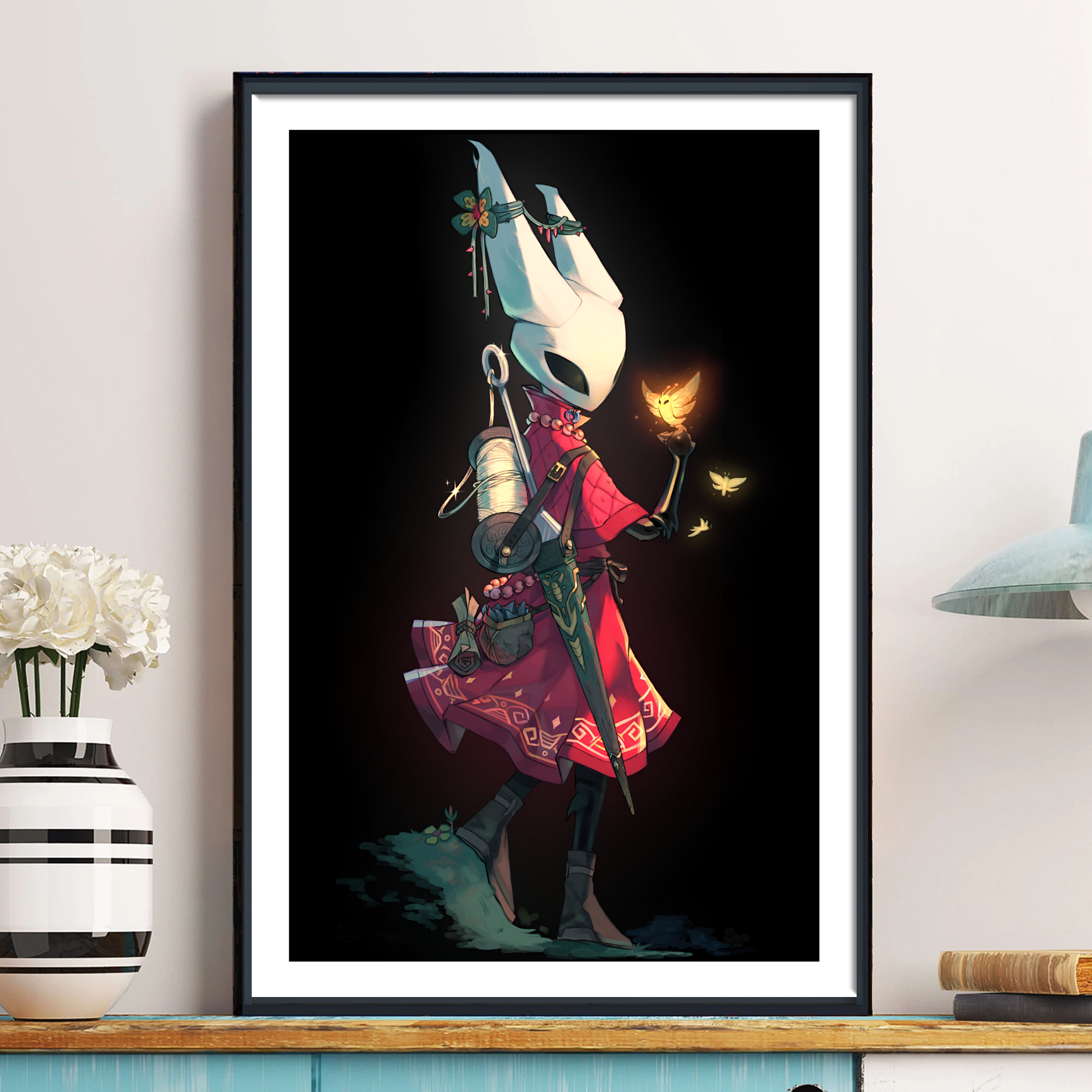 Framed Hornet Wall Art displayed in a creative space, showcasing the fan art Silksong Poster design