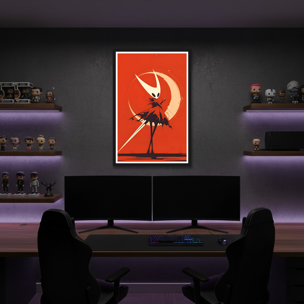 Framed Hornet Wall Art displayed on a wall in a gaming room, showcasing the scale of the Silksong Poster print.