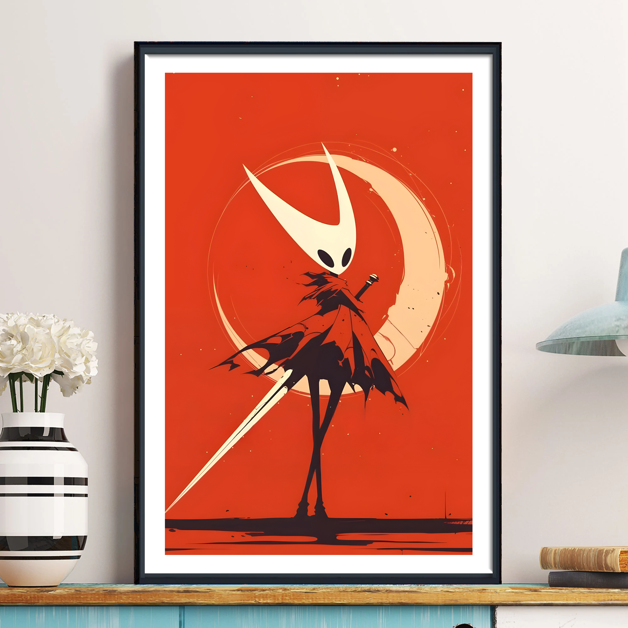 Framed Hornet Wall Art displayed on a wall, showcasing the scale of the Silksong Poster print.