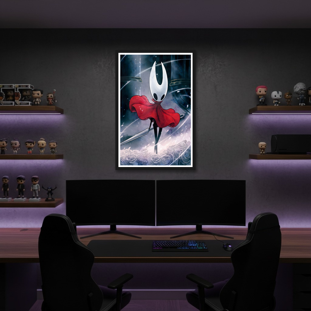 Framed Hornet Wall Art displayed in a cozy reading space, showcasing the fan art Silksong Poster design