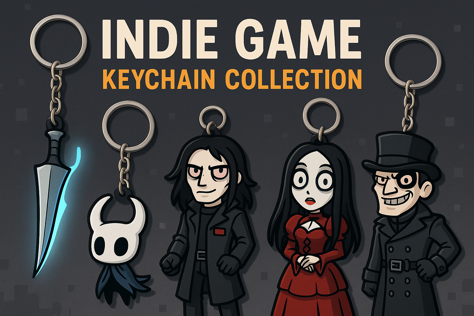 A banner for my keychain collection for Indie Game lovers, the banner features keychains of The Knight's Sword (Hollow Knight), R.E.P.O. characters.