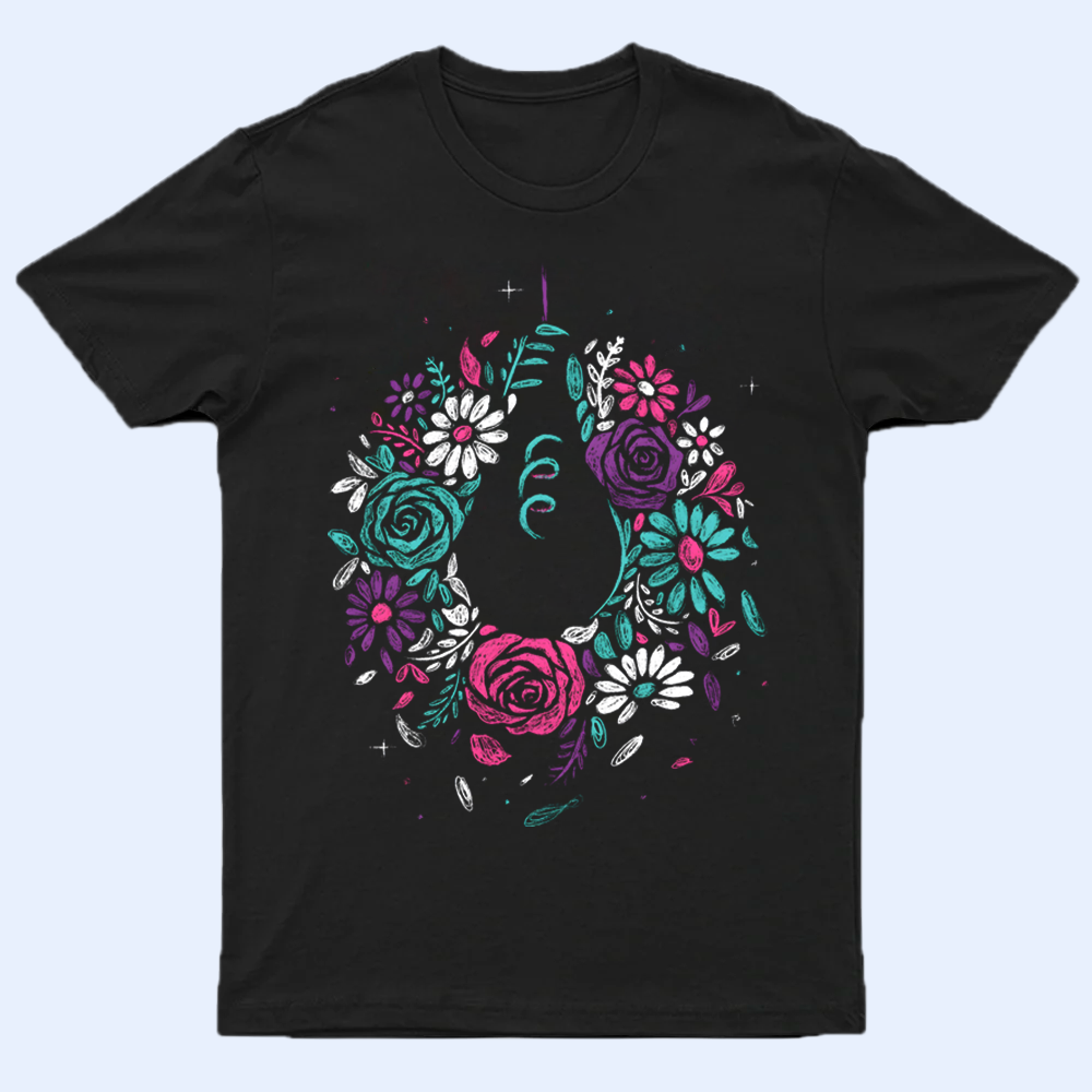 Front view of the Omori flower crown T-shirt, featuring a detailed, floral wreath design. Omori shirt, Basil-inspired design