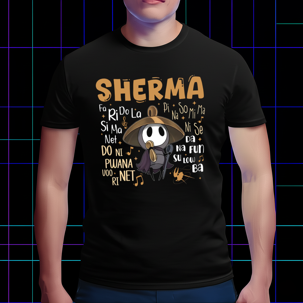 Model wearing the Sherma shirt (Loyal Traveler Silksong Tee), showing the comfortable fit