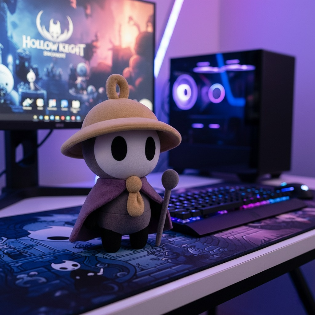 Silksong Sherma Plush (8.7 inches tall) sitting on a gaming shelf next to a book for size comparison, ready for display.