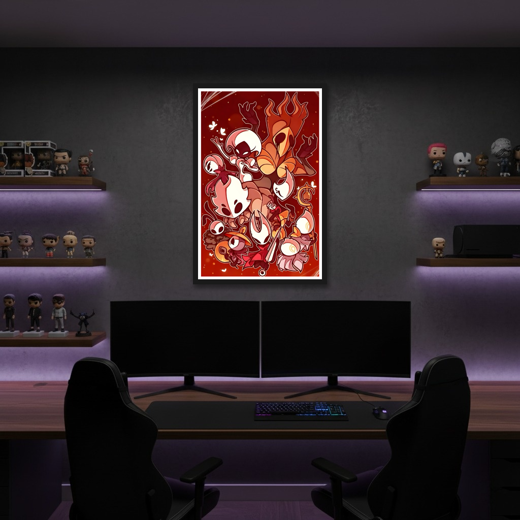 Framed Silksong Poster displayed in a modern gaming room, showcasing the fan art Silksong Wall Art design