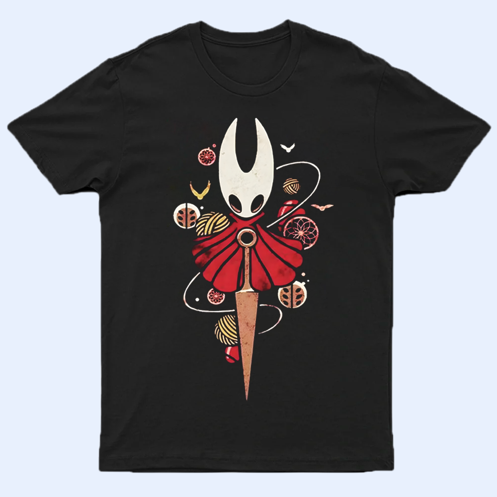 Hornet in an adventure pose from Silksong on a t-shirt mockup