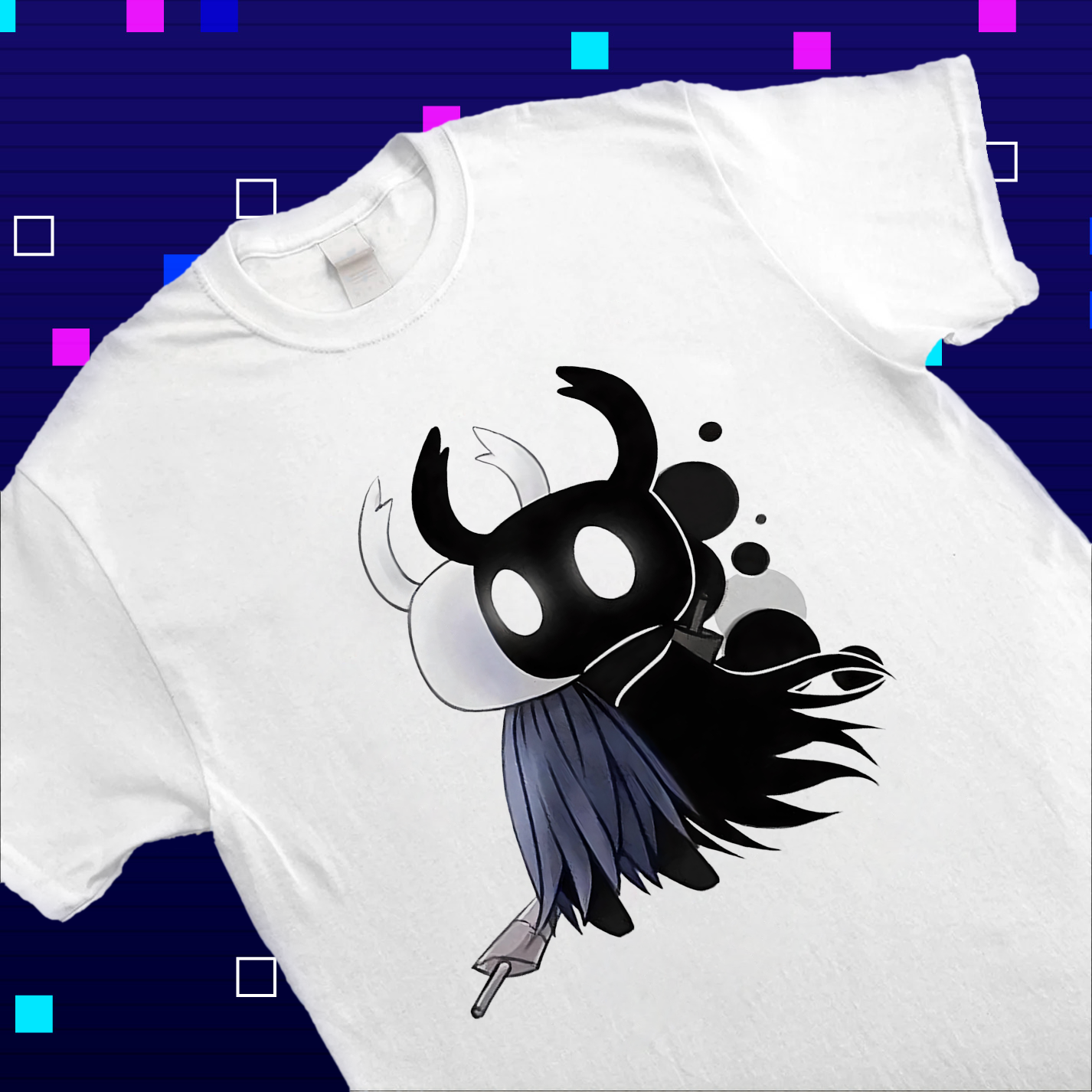 The Knight character from Hollow Knight printed on a t-shirt mockup