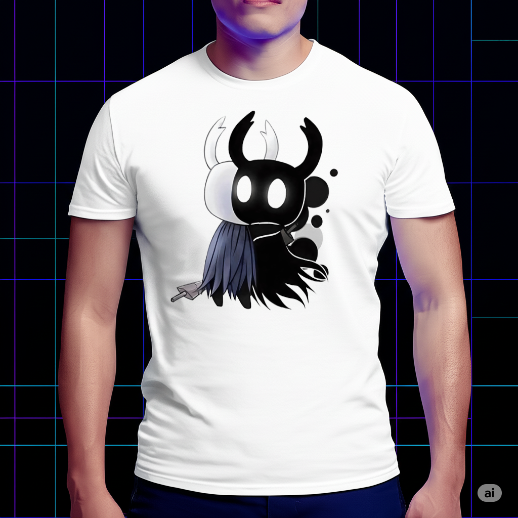 The Knight character from Hollow Knight printed on a t-shirt mockup